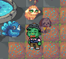 A pixelated, vertically-oriented illustration showing a green dragon-like creature standing on an orange surface near blue objects, with flames or lava in the background.