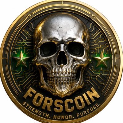A circular gold emblem features a metallic skull centered on a circuit board background, flanked by two green stars, with the bold text "FORSCOIN" and the motto "STRENGTH. HONOR. PURPOSE." inscribed below. The image visually reinforces the post's message about $FORS being a purpose-driven meme coin rooted in military discipline and community values on Solana.