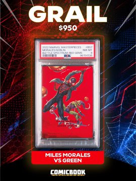 A graded 2022 Marvel Masterpieces PSA 10 trading card featuring Miles Morales vs. Green is highlighted as a "$950 GRAIL" collectible, reinforcing the post's message about Spider-Man's enduring IP value as the franchise expands to Solana.