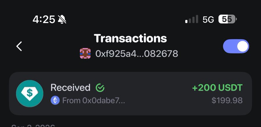 A mobile screenshot of a crypto wallet's "Transactions" screen showing a successful received transaction of +200 USDT ($199.98) from sender 0x0dabe7... to wallet 0xf925a4...082678, which visually represents the "got paid" earnings referenced in the post about web3 freelance income.