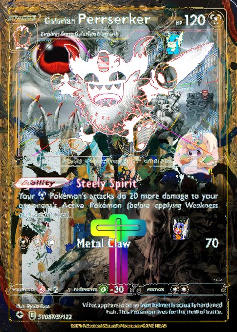 In the image, there are two Pokemon cards displayed side by side against a dark background. One card features a white dragon with red eyes, while the other displays a black cat with blue eyes. The cards also include text that reads "Galarian Perrsker" and "Steady Spirit". The background of the image is filled with various colors and shapes, creating an artistic and visually appealing composition.