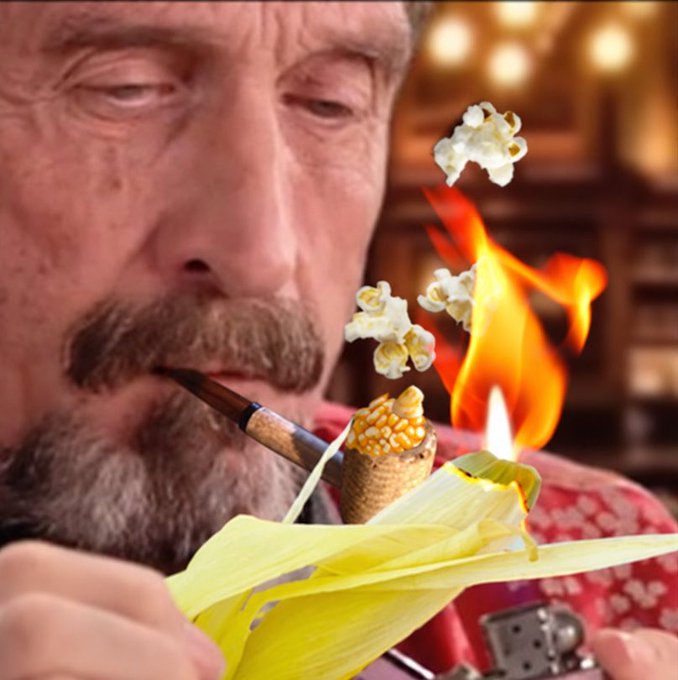 A surreal composite image showing a close-up of a bearded man smoking a pipe, overlaid with an image of an ice cream cone wrapped in a corn husk on fire with popcorn flying out.