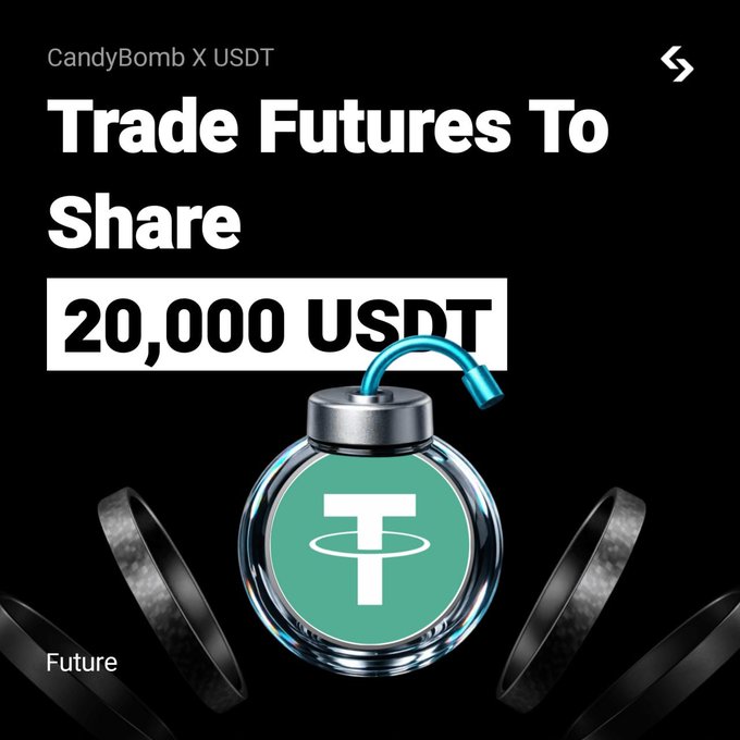Promotional graphic reading 'CandyBomb X USDT - Trade Futures To Share 20,000 USDT' with a bomb-shaped USDT coin and 'Future' label.