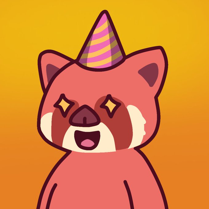 A cartoon illustration of an excited red panda-like creature with star-shaped eyes, wearing a striped purple and yellow party hat, set against a solid orange background.