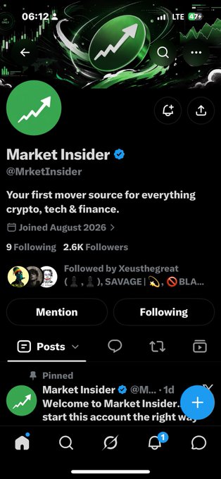 A Twitter/X profile page screenshot of 'Market Insider' (@MarketInsider), a verified account joined August 2026 with 2.6K followers, whose bio reads 'Your first mover source for everything crypto, tech & finance.'