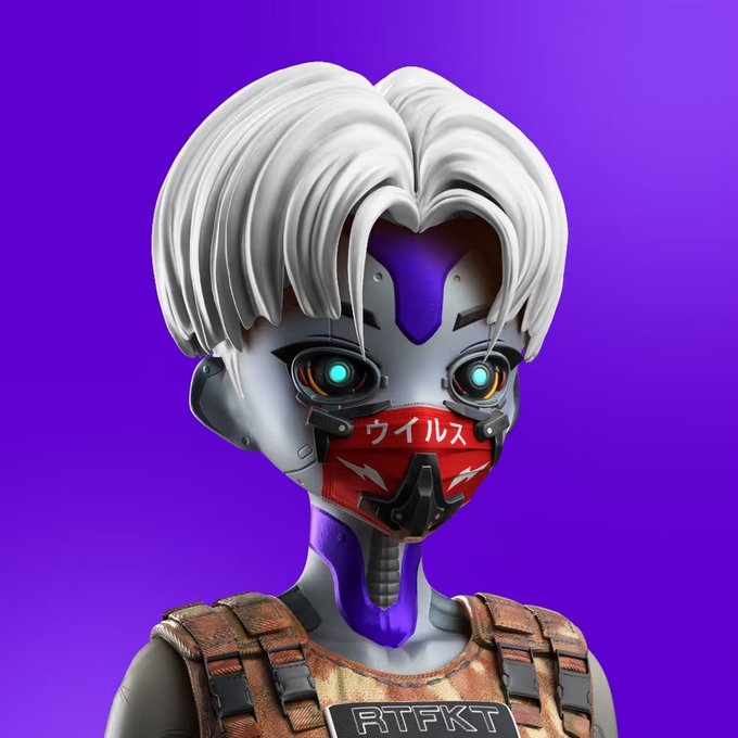A digital avatar NFT from the CloneX collection, featuring white hair, cybernetic facial features, and a red mask displaying "ウイルス" (Japanese for "virus"), wears a tactical vest labeled "RTFKT" against a vibrant purple background—showcasing the highly stylized character art by Takashi Murakami (Takashi Pom).