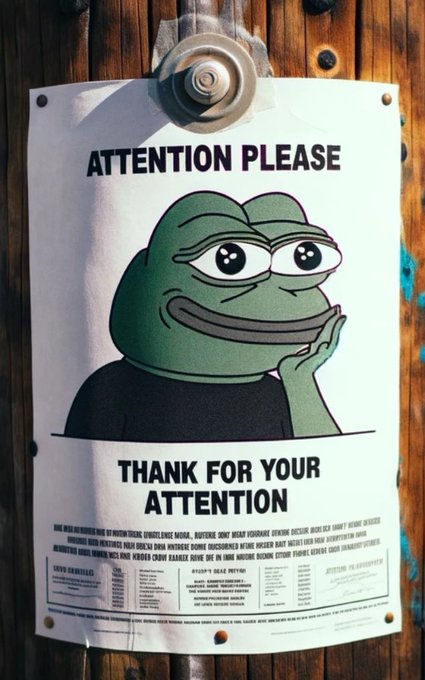 The image features a poster with a cartoon frog as its main subject. The poster has a message that reads "Thank for your attention," which seems to be promoting or reminding people about something related to the frog character. The background of the poster is brown, and there are some text elements on it, including the phrase "Attention, you should be buying" and "PEPE rn." This suggests that the poster might be advertising a product or service involving the cartoon frog.