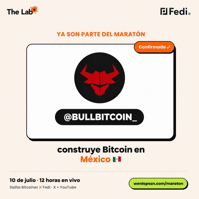A promotional graphic for 'The Lab' and 'Fedi' announcing @BULLBITCOIN_ as a confirmed participant in a Bitcoin marathon in Mexico on July 10, available at wenlopezn.com/maraton.