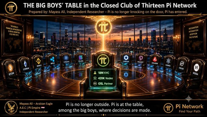 A promotional graphic titled 'THE BIG BOYS' TABLE in the Closed Club of Thirteen Pi Network' by Mayass Alì, depicting Pi Network alongside major cryptocurrencies like Bitcoin, Ethereum, BNB, Solana, and others seated around a table, with text reading 'Pi is no longer knocking on the door. Pi has entered.' and notes 18M KYC, 420K Nodes, and OSL Partner.