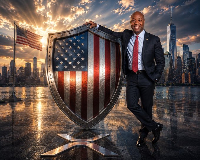 A confident Black man in a dark suit with a red tie leans against a large shield emblazoned with the American flag, set against a dramatic sunset skyline featuring the New York Harbor and One World Trade Center.

The image symbolizes Senator Tim Scott's role as a steadfast defender ("the shield") of American interests, with the flag and patriotic backdrop reinforcing the post's message that he is a champion deserving recognition for his pro-crypto legislative efforts.