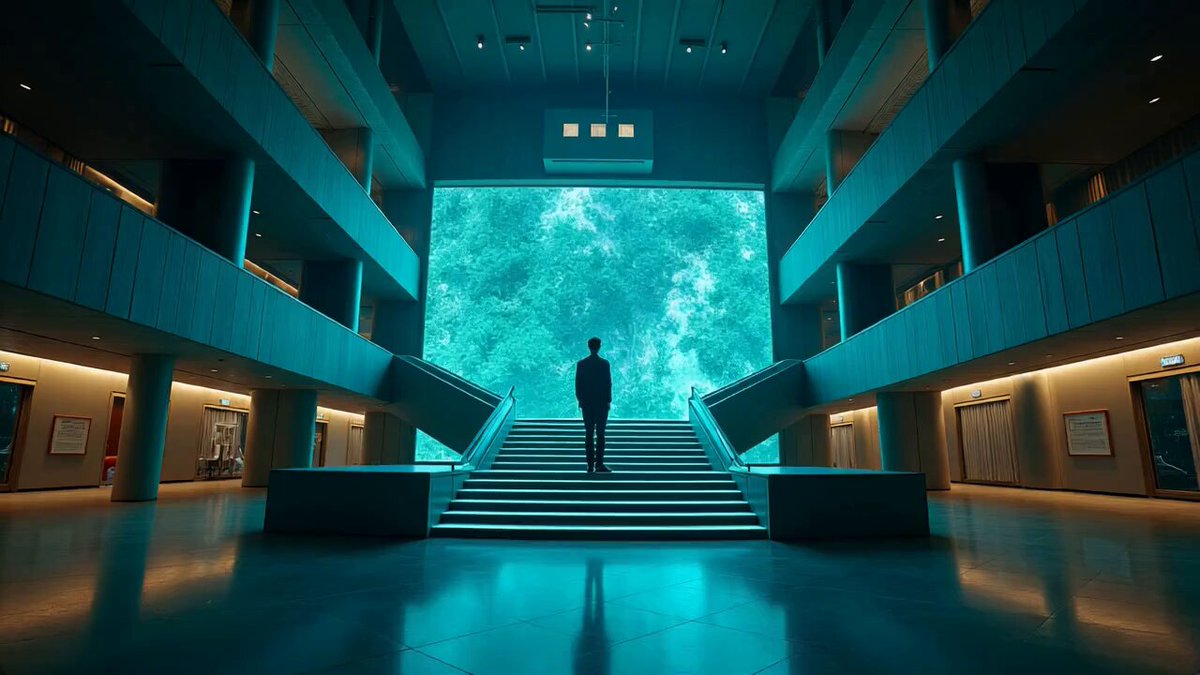 The image shows an empty hallway with a large screen displaying a forest scene at the end of the stairs. A man can be seen standing near the staircase, looking up towards the screen. The surrounding area appears to be a museum or exhibition space, as there are several paintings on display in various parts of the room.