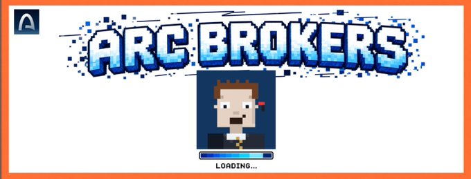 A loading screen graphic for 'ARC BROKERS' featuring pixel art style logo text and a character avatar in a loading bar setup.