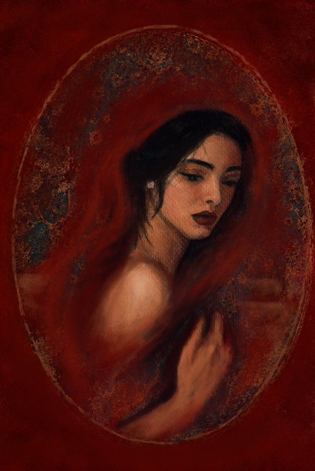 A moody, painterly portrait of a dark-haired woman with closed eyes, framed within a distressed oval against a deep red background.