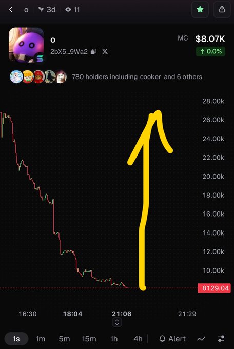 A meme showing a crypto token chart (token address starting with 2bX5...9Wa2) with a massive price dump from ~28k down to 8.07K market cap, highlighted by a drawn yellow arrow pointing upward to suggest a recovery.