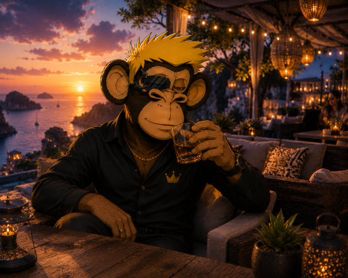 An anthropomorphic cartoon monkey with blonde hair and sunglasses, wearing a black shirt with a gold crown, holds a drink while seated at a sunset beachside lounge.