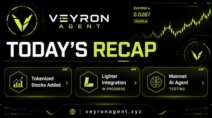 A promotional graphic for 'VEYRON AGENT' titled 'TODAY'S RECAP' showing a stock chart for $VEYRON at 0.0267 (+12.47%), with sections for Tokenized Stocks Added, Lighter Integration in progress, and Mainnet AI Agent testing.