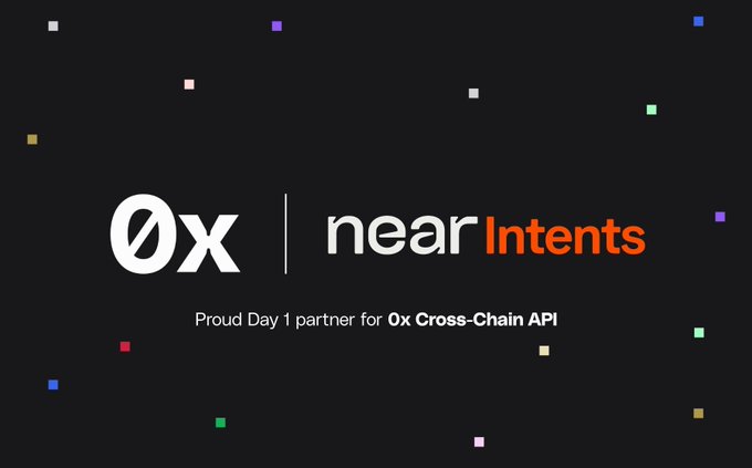 The image features a black background with white text that reads "NEAR Intents" and "Proud Day Partner for @0xProject Crosschain API". The text also mentions that the company is integrated into the @0xProject Crosschain API from day one, which implies that they are actively participating in the development of the API.