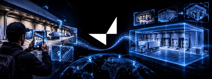 A digital illustration showing a person taking a photo of a warehouse, connected via glowing data streams to a 3D wireframe model of the building, with the Ethereum logo in the center.