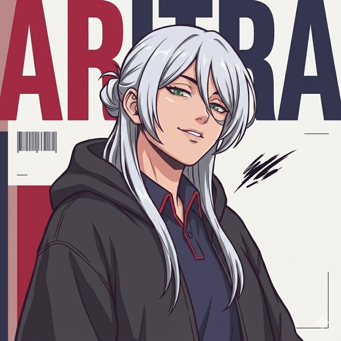 Anime-style illustration of a character with long silver hair and green eyes wearing a black hoodie, displayed in front of large red, white, and blue text spelling "AMERICA" with a barcode.