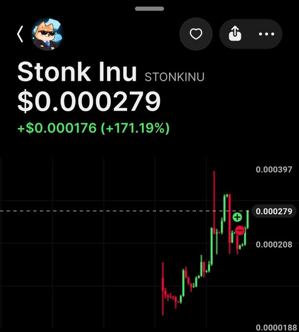 A mobile app screenshot showing the price of 'Stonk Inu' (STONKINU) at $0.000279, up 171.19%, with a green and red candlestick chart on a black background.