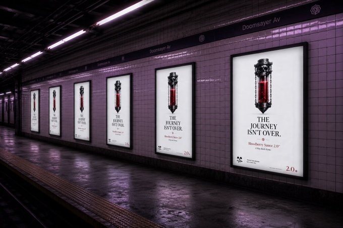 A subway station wall displays a series of 'THE JOURNEY ISN'T OVER' ads for 'Bloodberry Sauce 2.0' at Doomsayer Av station.