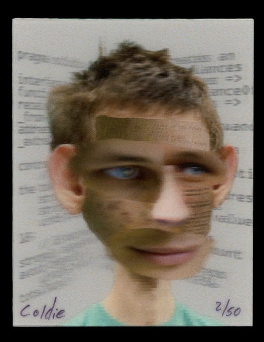 An artistic mixed-media portrait of a young man with short brown hair, featuring layered translucent paper overlays with printed text and patches of tan/olive tape across his face. The artwork is signed "coldie" in purple in the bottom left corner and numbered "2/50" in the bottom right, set against a background of newspaper print.