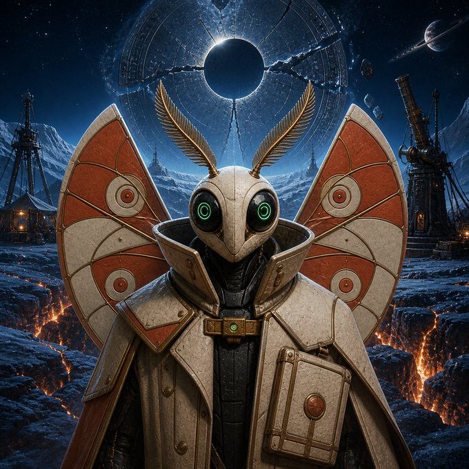 A digital illustration of a moth-like humanoid figure with mechanical wings, set against a lunar landscape with an eclipse.