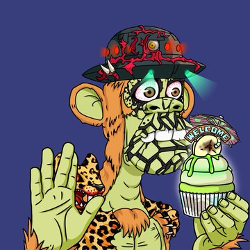 A cartoon illustration of a green, zombie-like character wearing a leopard print outfit and a hat with glowing red eyes, holding a green frosted cupcake with a 'WELCOME' pick.
