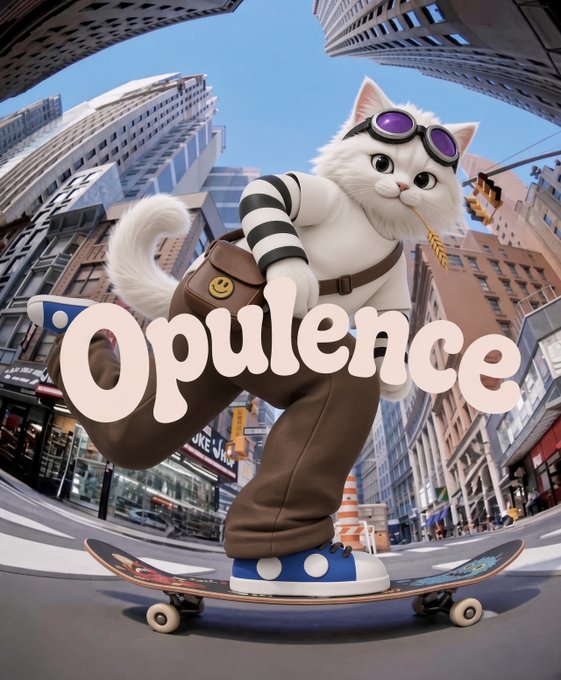 A 3D-rendered image of a white cat wearing sunglasses, a striped shirt, and brown pants skateboarding through a city street, with the word 'Opulence' displayed in bubble letters across the center.