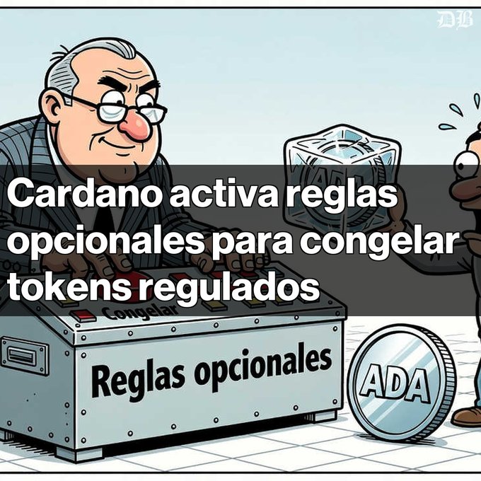 A cartoon graphic features a man operating a control panel labeled "Reglas opcionales" (Optional rules) alongside text reading "Cardano activa reglas opcionales para congelar tokens regulados" and an ADA coin.