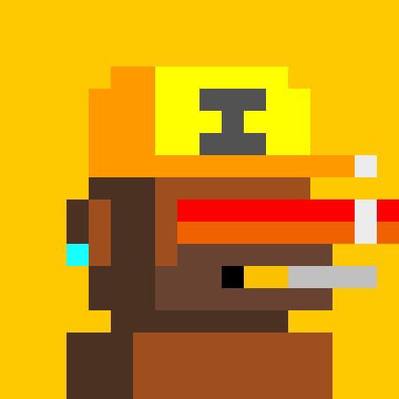 A pixel art character with a yellow hard hat featuring a gray "I" symbol on a brown body, set against a yellow background. The image evokes a gritty, hard-earned achievement vibe, fitting the "earned this one the hard way" caption with its tough, blocky miner-like figure.