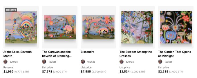A webpage displaying five digital artworks by 'tuukzs' with titles like 'At the Lake, Seventh Month' and 'Bissandra', with prices listed in ETH.