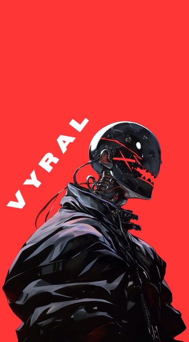 A digital illustration featuring a futuristic character wearing a black helmet with red 'X' marks over the eyes, set against a red background with the text 'VYRAL'.