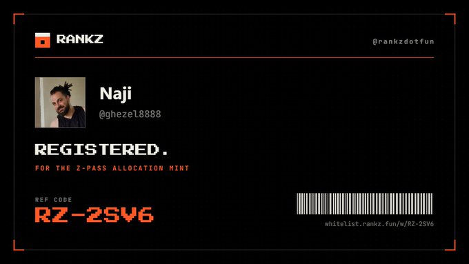 A RANKZ registration card for the 'Z-PASS ALLOCATION MINT' under the username Naji (@ghezel8888) with reference code RZ-2SV6.