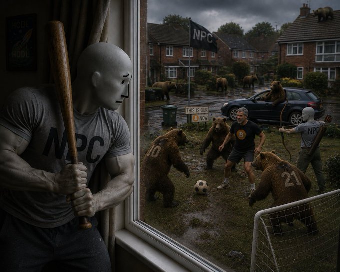 A surreal scene showing a masked figure holding a baseball bat with 'NPC' visible on their shirt, looking out a window at a chaotic suburban street where humans wearing 'NPC' and '21' jerseys play soccer with bears amid brick houses.
