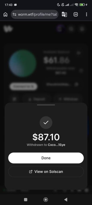 A mobile screenshot of the worm.wtf profile page showing a withdrawal confirmation of $87.10 USDC to a wallet ending in "1Sye," with options to tap "Done" or "View on Solscan," confirming the successful claim of free USDC airdrop funds.