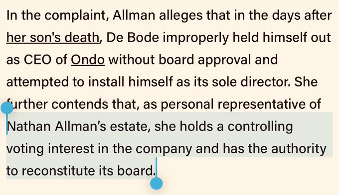 The image displays a highlighted text excerpt from a legal complaint involving the Allman family, Ondo (referencing ticker $ONDO), and claims that De Bode improperly assumed CEO duties at Ondo without board approval after Nathan Allman's death, while the deceased's mother holds a controlling voting interest to reconstitute leadership. The post references @MetaDAOProject and decision markets, suggesting the situation illustrates why decentralized governance tools are needed to prevent unilateral power grabs in corporate or organizational leadership decisions.