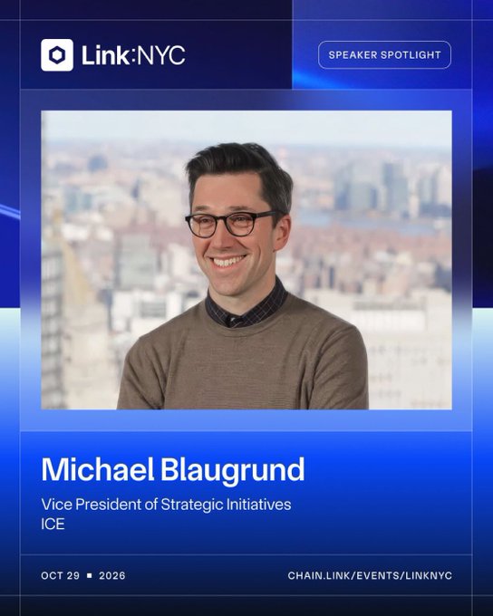 A promotional speaker spotlight graphic from Link:NYC featuring Michael Blaugrund, Vice President of Strategic Initiatives at ICE, shown smiling in a beige sweater with glasses, set against a city skyline background. The image ties to the announcement of ICE—the operator of the New York Stock Exchange—joining Chainlink at the Link:NYC event on October 29, 2026.