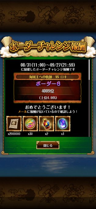 The image shows a "Border Challenge Reward" (ボーダーチャレンジ報酬) screen from a Japanese mobile game, dated 08/31 (11:00) to 09/27 (21:59), congratulating the user on reaching 4009th place in the "Border 6" (ボーダー6) tier. The screen displays rewards of 2,000,000 gold, x30 colorful items, x2 rainbow items, and x1 blue gem, which aligns with the post announcing that border rewards have been distributed.
