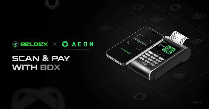 A promotional banner for Beldex x Aeon featuring the text 'SCAN & PAY WITH BDX' alongside an image of a payment terminal and smartphone, with beldex.io in the corner.