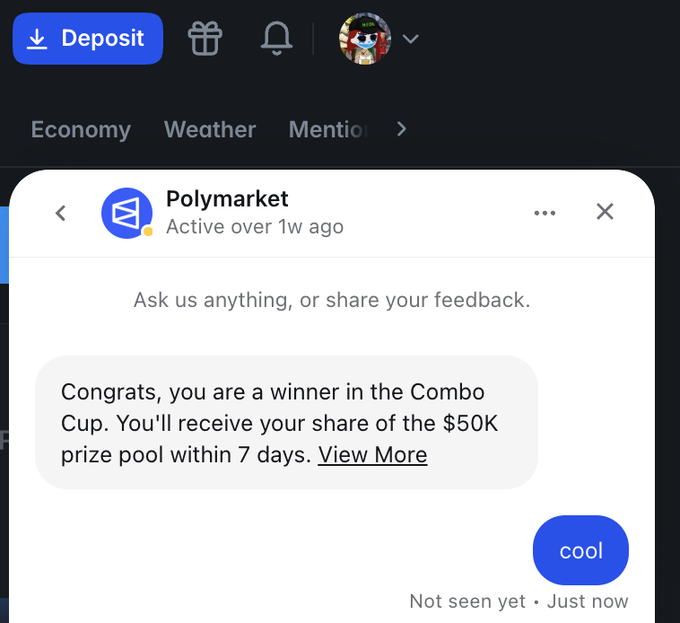 A screenshot of a Polymarket message reading "Congrats, you are a winner in the Combo Cup. You'll receive your share of the $50K prize pool within 7 days," corroborating the user's surprise $500 USDC reward from the prediction market platform.