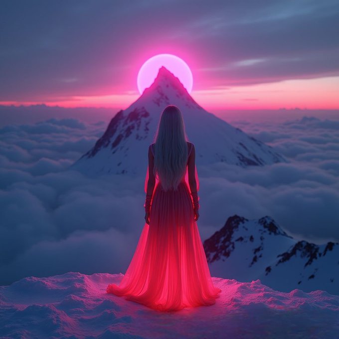 A digital artwork shows a woman in a flowing pink dress standing on a snowy peak, looking toward a snow-capped mountain with a glowing pink sun behind it.