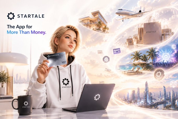 An advertisement for 'STARTALE - The App for More Than Money' featuring a woman in a white hoodie holding a Visa card next to a laptop, with images of luxury items, a plane, and a cityscape swirling around her.