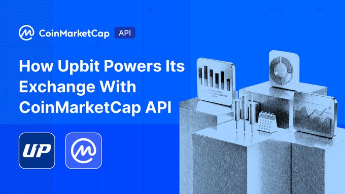 A promotional graphic featuring a blue background with the CoinMarketCap API logo, the title "How Upbit Powers Its Exchange With CoinMarketCap API," and both Upbit and CoinMarketCap logos alongside a 3D illustration of bar charts, pie charts, and financial data displays, visually representing the integration of CoinMarketCap's market data into Upbit's trading platform.