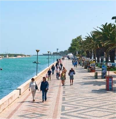 People stroll along a patterned seaside promenade lined with palm trees, with calm blue water and a sandy beach visible to the left.