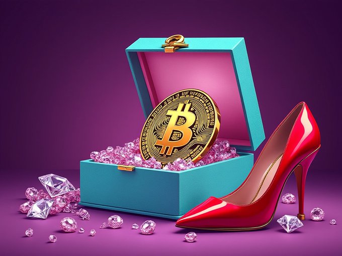 A 3D rendered illustration of a gold Bitcoin coin resting inside an open turquoise jewelry box filled with pink gems, next to a glossy red high-heeled shoe on a purple background.