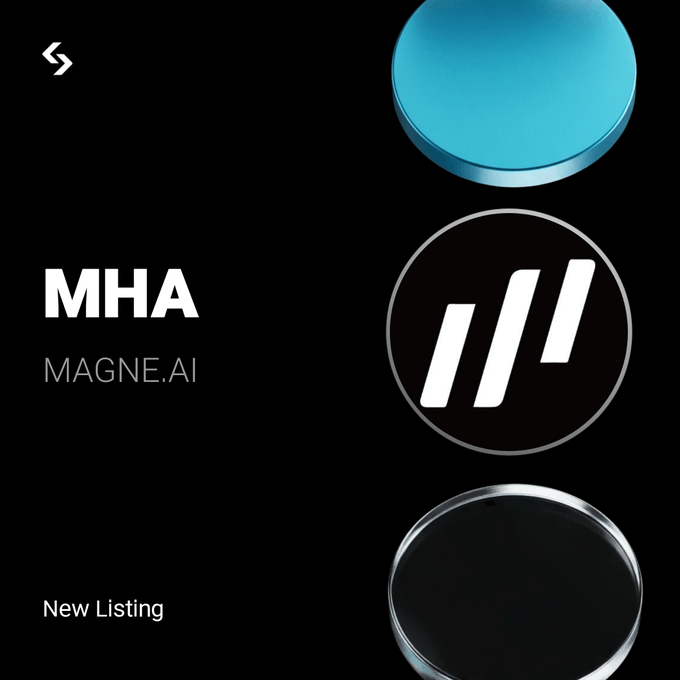 A black promotional graphic for MAGNE.AI's initial listing, featuring the ticker "MHA" and the Magne.AI name on the left, alongside three circular design elements on the right and a "New Listing" tag at the bottom left.