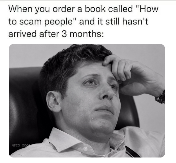 A meme shows a crying man with the text, "When you order a book called 'How to scam people' and it still hasn't arrived after 3 months:".