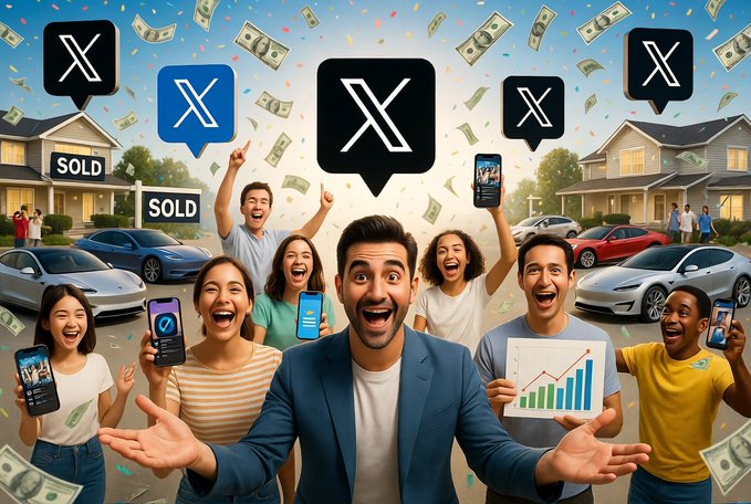 The image features a group of people standing together with their arms raised high above their heads, holding up cell phones that are displaying various messages or social media posts. The majority of these messages include the words "X" and "Sold", indicating that some of them might be related to real estate transactions. There is also an upward-pointing arrow in the image, which could represent a direction for someone to follow when looking at their cell phone messages.

The people are standing outside near cars, suggesting that they may have just attended or are about to attend a car show or event. The overall atmosphere of the scene appears to be celebratory and positive, with everyone seemingly enjoying themselves as they share their experiences on social media platforms.