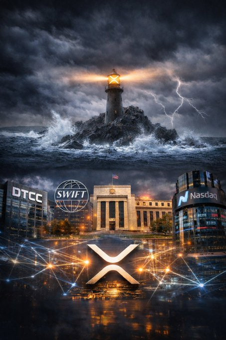 The image depicts a dramatic stormy seascape with a resilient lighthouse braving crashing waves and lightning, symbolizing XRP's endurance through market turmoil, alongside a cityscape featuring DTCC, SWIFT, and Nasdaq buildings connected by a glowing XRP network. The post's message about long-term XRP holders who endured the 90% crash, SEC lawsuit, and years of sideways trading is perfectly visualized through the steadfast lighthouse, representing how these investors now watch as the very financial infrastructure (DTCC, SWIFT, Nasdaq) that withstood the storms embraces XRP technology.
